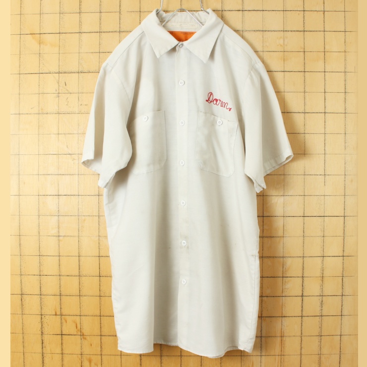 70s 80s USA製 RED KAP レッドキャップ チェーンステッチ ワーク シャツ ベージュ メンズM 半袖 アメリカ古着