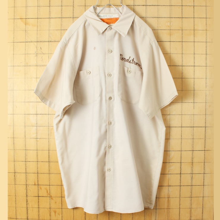 70s 80s USA製 RED KAP レッドキャップ Nordstrom チェーンステッチ ワーク シャツ ベージュ メンズL 半袖 アメリカ古着