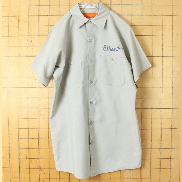 70s 80s USA製 RED KAP レッドキャップ Ethan P チェーンステッチ ワーク シャツ グレー メンズS 半袖 アメリカ古着