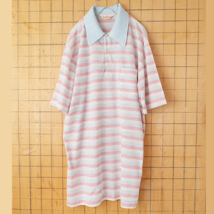 70s 80s USA製 Jantzen ボーダーポロシャツ メンズXL ブルー レッド 半袖 アメリカ古着