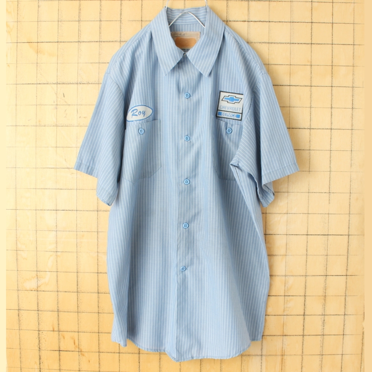 70s 80s USA製 Miller CHEVROLET ワッペン ストライプワークシャツ ライトブルー メンズL相当 半袖 アメリカ古着 050725ss138