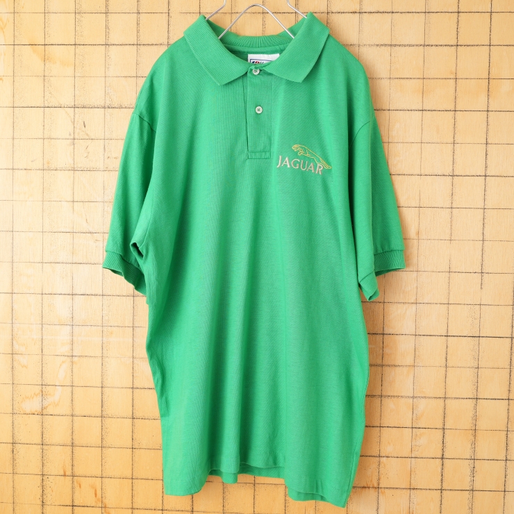 80s 90s USA製 Hanes JAGUAR ポロシャツ メンズL グリーン 半袖 アメリカ古着