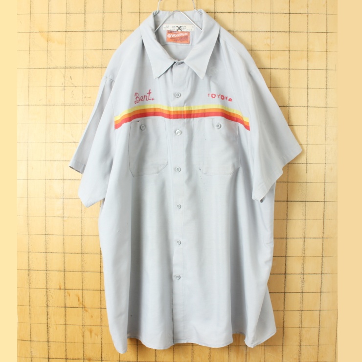 ビッグサイズ 70s 80s USA製 Work Wear TOYOTA Bert チェーンステッチ ワーク シャツ グレー メンズ2XL 半袖 アメリカ古着