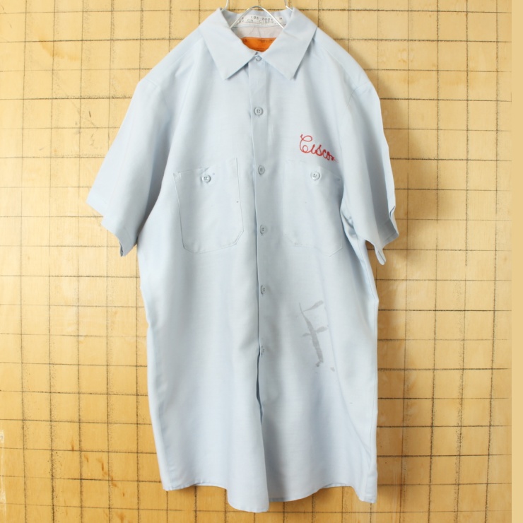 70s 80s USA製 RED KAP レッドキャップ Ciscor チェーンステッチ ワーク シャツ ライトブルー メンズM 半袖 アメリカ古着