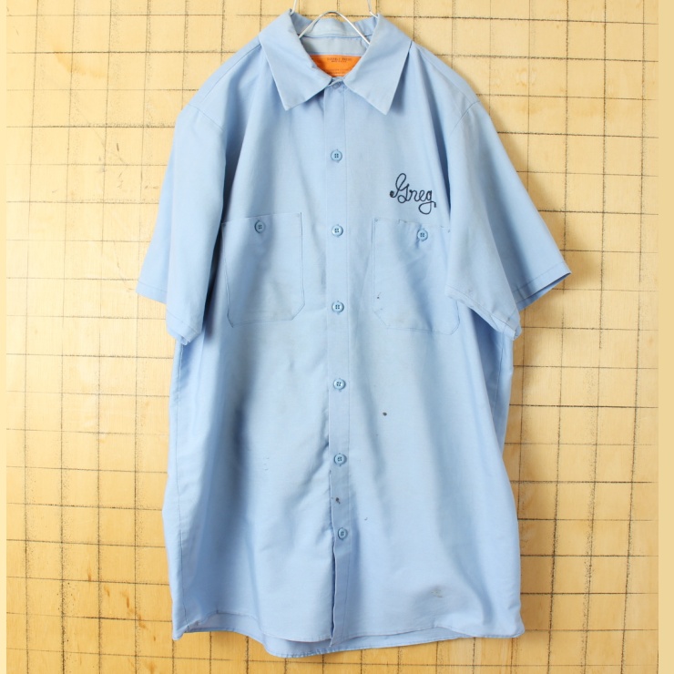 70s 80s USA製 RED KAP レッドキャップ Greg チェーンステッチ ワーク シャツ ライトブルー メンズM 半袖 アメリカ古着