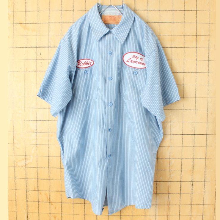 70s 80s USA製 Miller ワッペン ストライプワークシャツ ライトブルー メンズL 半袖 アメリカ古着 050725ss141