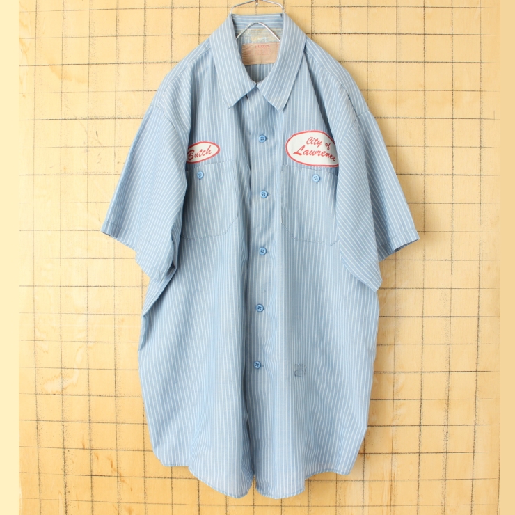70s 80s USA製 Miller ワッペン ストライプワークシャツ ライトブルー メンズL 半袖 アメリカ古着 050725ss142