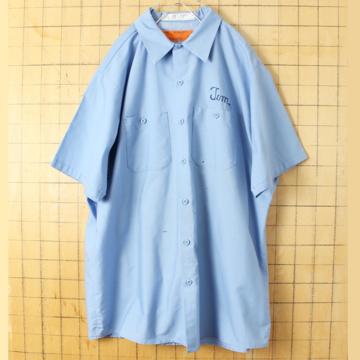 70s 80s USA製 RED KAP レッドキャップ Jim チェーンステッチ ワーク シャツ ライトブルー メンズXL 半袖 アメリカ古着