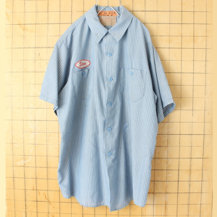 70s 80s USA製 Miller ワッペン ストライプワークシャツ ライトブルー メンズL 半袖 アメリカ古着 050725ss143