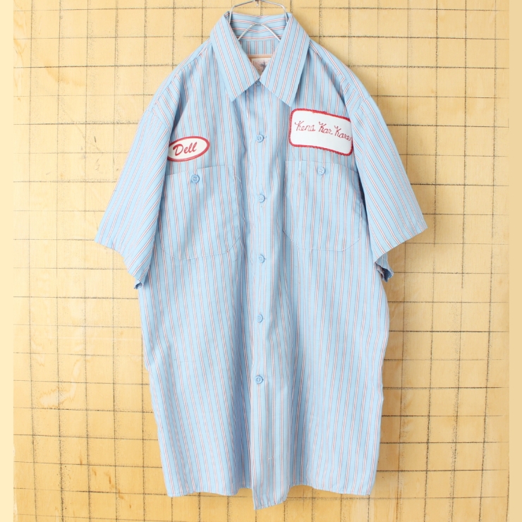 70s 80s USA製 ワッペン ストライプワークシャツ ライトブルー メンズL相当 半袖 アメリカ古着 050725ss144