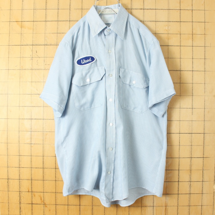70s 80s USA製 Wrangler BY RED KAP ラングラー Wood ワッペン ストライプ ワーク シャツ ブルー メンズM 半袖 アメリカ古着