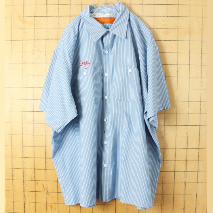 ビッグサイズ 70s 80s USA製 RED KAP レッドキャップ Gary チェーンステッチ ストライプ ワーク シャツ ライトブルー メンズXXL 半袖 アメリカ古着