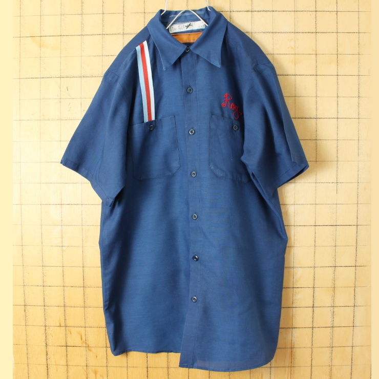 70s 80s USA製 RED KAP レッドキャップ Roy チェーンステッチ ワーク シャツ ネイビー ブルー メンズM 半袖 アメリカ古着