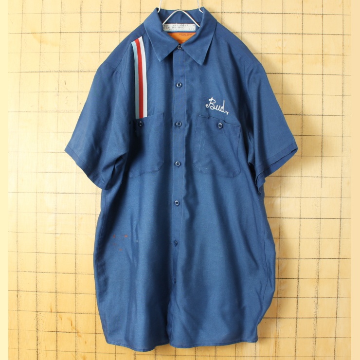70s 80s USA製 RED KAP レッドキャップ Bud チェーンステッチ ワーク シャツ ネイビー ブルー メンズM 半袖 アメリカ古着