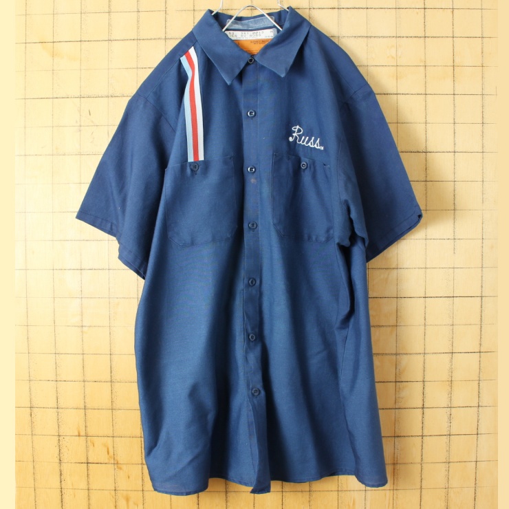 70s 80s USA製 RED KAP レッドキャップ Russ チェーンステッチ ワーク シャツ ネイビー ブルー メンズL 半袖 アメリカ古着