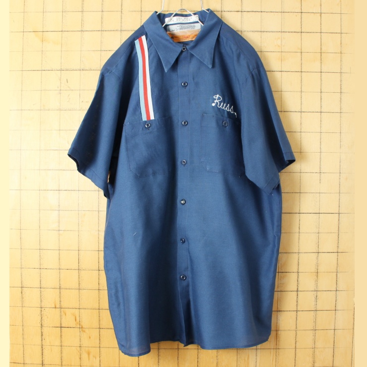 70s 80s USA製 RED KAP レッドキャップ Russ チェーンステッチ ワーク シャツ ネイビー ブルー メンズL 半袖 アメリカ古着 050824ss100
