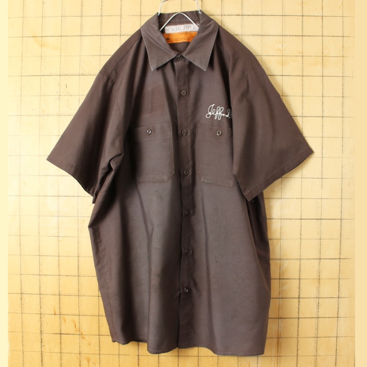 70s 80s USA製 RED KAP レッドキャップ Jeff.D チェーンステッチ ワーク シャツ ブラウン メンズL 半袖 アメリカ古着