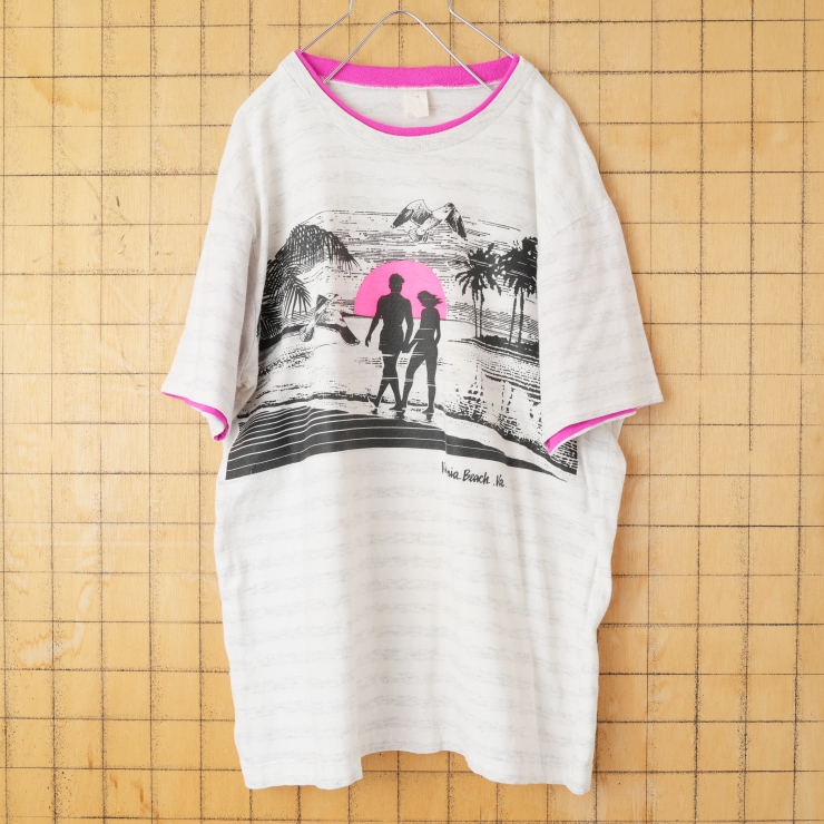 80s 90s USA Virginia Beach ,Va. 半袖プリントスーベニアTシャツ ホワイト グレー メンズML相当 アメリカ古着