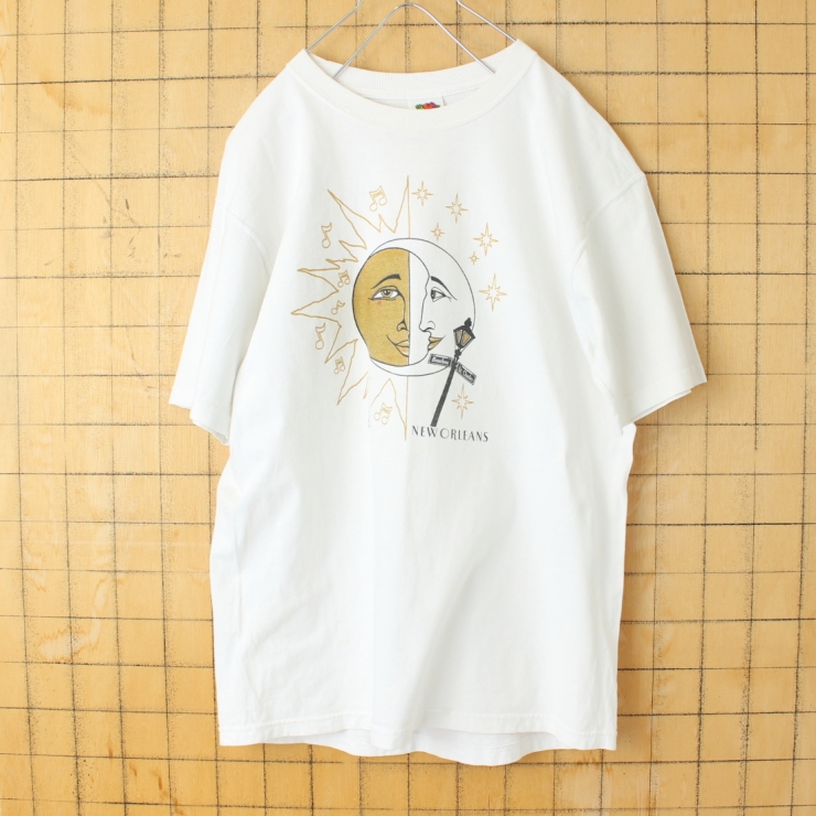 USA FRUIT OF THE LOOM Tharp Art Inc 半袖 プリントTシャツ ホワイト メンズM 月と太陽 アメリカ古着