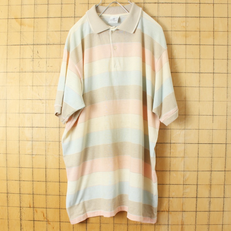 70s 80s USA製 Donegal 半袖 ボーダー ポロシャツ ベージュ ピンク メンズXL アメリカ古着
