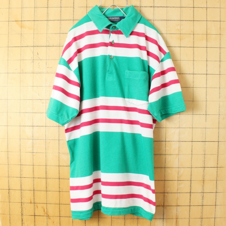 80s 90s USA PURITAN ボーダー ポロシャツ メンズL グリーン レッド 半袖 アメリカ古着