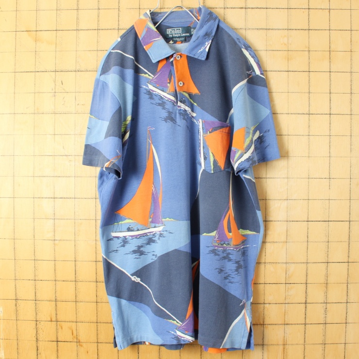 USA Polo RALPH LAUREN ポロ ラルフローレン 半袖 ヨット 総柄 ポロシャツ ネイビー ブルー メンズM アメリカ古着