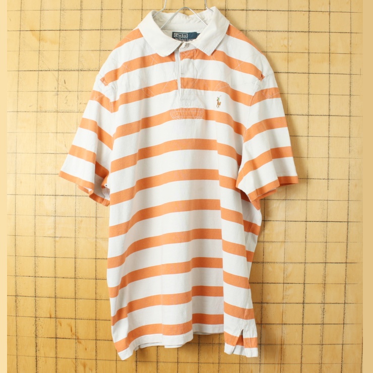 USA Polo RALPH LAUREN ポロ ラルフローレン 半袖 ボーダー ラガーシャツ オレンジ メンズXL アメリカ古着