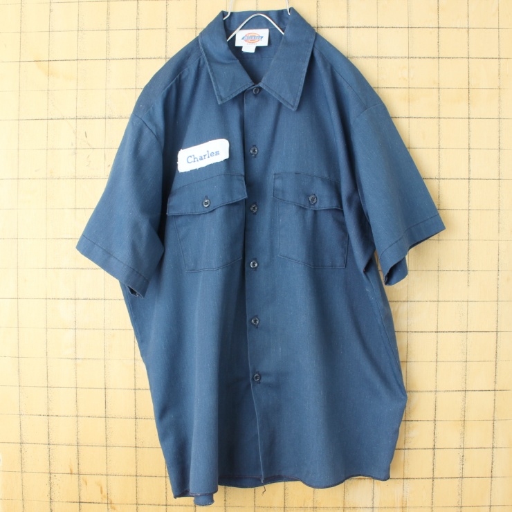 80s 90s USA製 Dickies ディッキーズ ワッペン ワーク シャツ ネイビー ブルー メンズXL 半袖 アメリカ古着