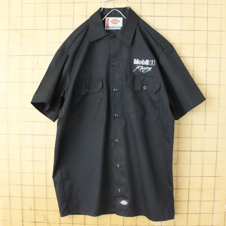 90s 00s USA Dickies ディッキーズ Mobil ワーク シャツ ブラック メンズS 半袖 モービル アメリカ古着