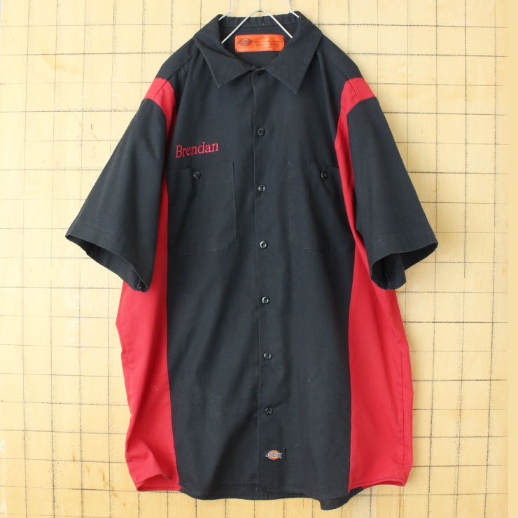 90s 00s USA Dickies ディッキーズ ワーク シャツ ブラック レッド メンズL 半袖 アメリカ古着