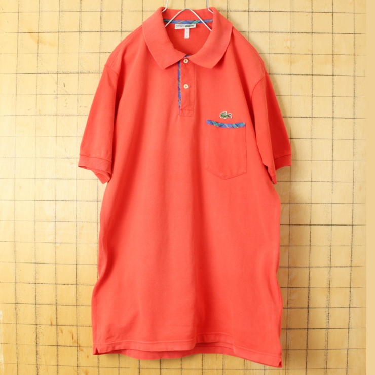 70s 80s フランス製 フレンチラコステ Lacoste 半袖 1ポケット ポロシャツ オレンジ メンズM相当 ワンポイント ヨーロッパ古着