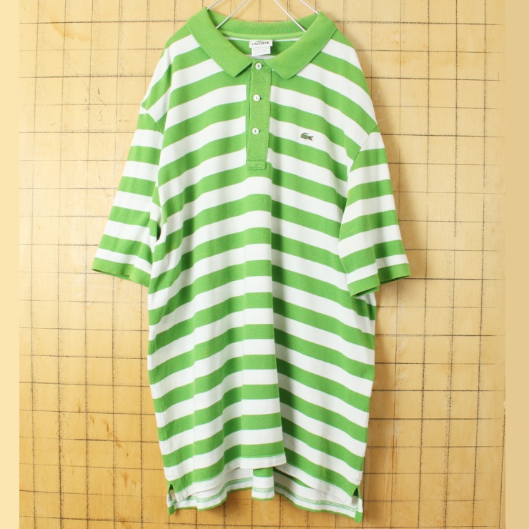 90s フレンチラコステ Lacoste 半袖 ボーダー ポロシャツ グリーン メンズXL相当 ワンポイント ヨーロッパ古着