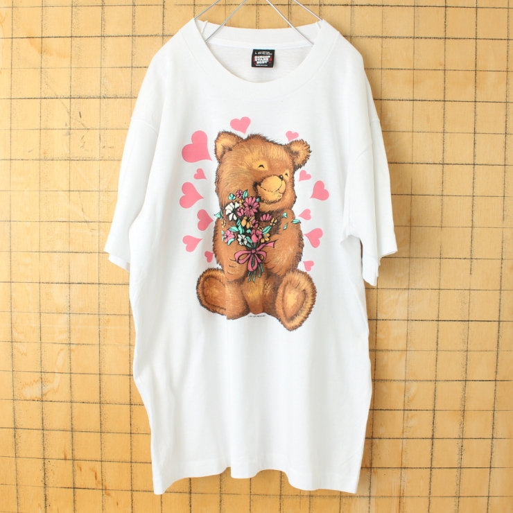 90s USA製 SCREEN STARS BEST クマ プリント 半袖 Tシャツ ホワイト メンズL アメリカ古着