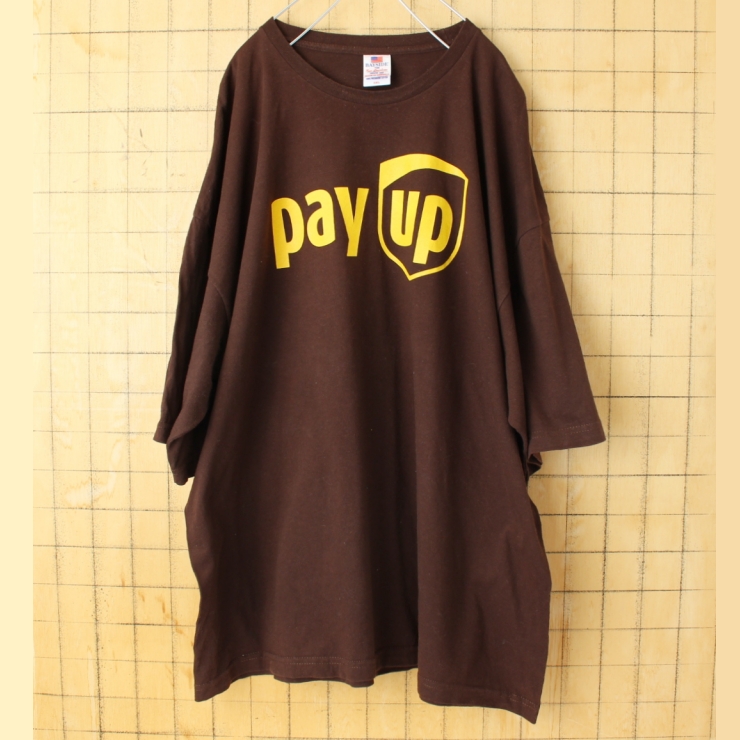 ビッグサイズ USA製 BAYSIDE UPS pay up 半袖 プリントTシャツ ブラウン メンズ3XL アメリカ古着