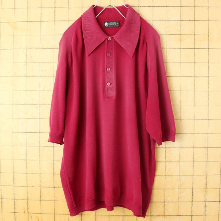 60s 70s USA製 LEONARDO STRASSI Ban-Lon バンロン ポロシャツ メンズXL ボルドー レッド 半袖 ナイロン アメリカ古着