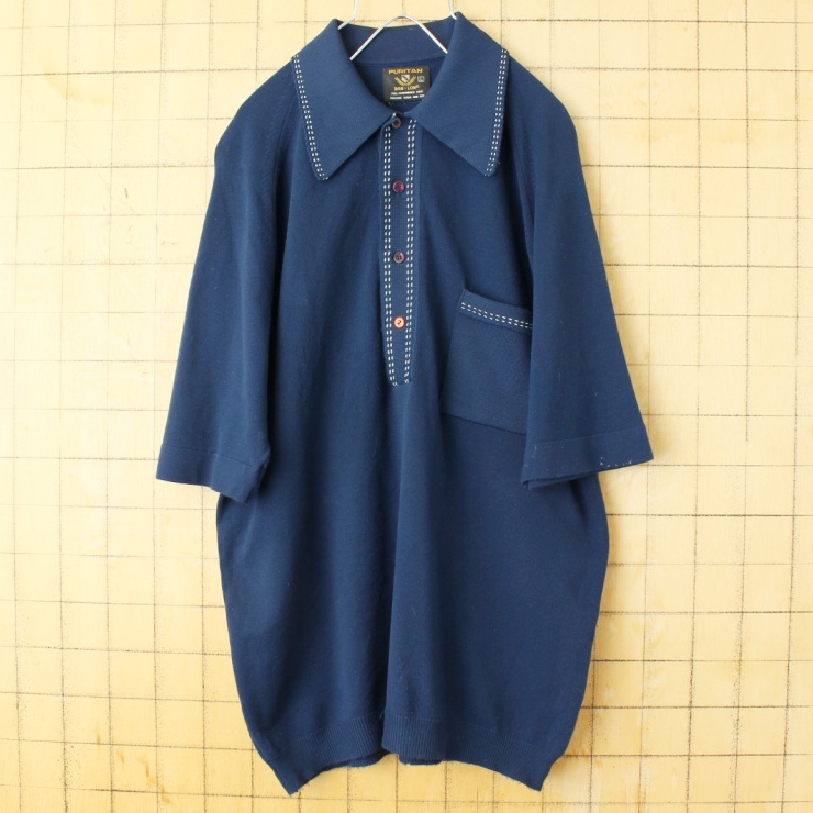 60s 70s USA製 PURITAN Ban-Lon ステッチ バンロン ポロシャツ メンズL ネイビー ブルー 半袖 ナイロン アメリカ古着