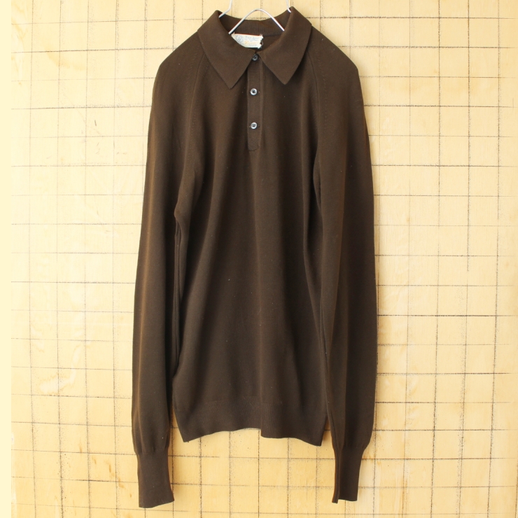 60s 70s USA製 Rendi Ban-Lon バンロン 長袖 ポロシャツ メンズS ブラウン ナイロン アメリカ古着