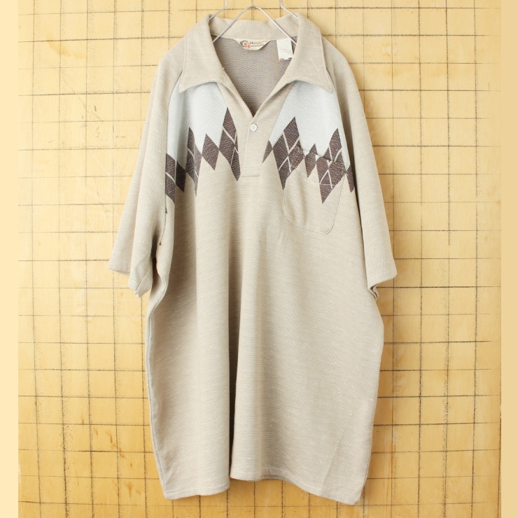 ビッグサイズ 70s 80s USA製 California Casualaire オープンカラー ポロシャツ メンズ2XL ベージュ 半袖 アメリカ古着