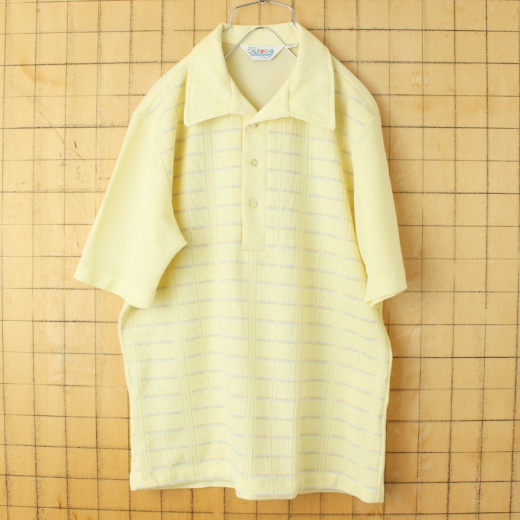 70s 80s USA JCPenney ポリニット ポロシャツ メンズM イエロー 半袖 アメリカ古着