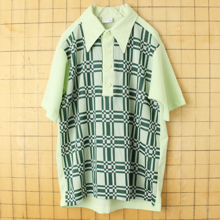 70s 80s USA JCPenney ポリニット ポロシャツ メンズM ライトグリーン 半袖 アメリカ古着