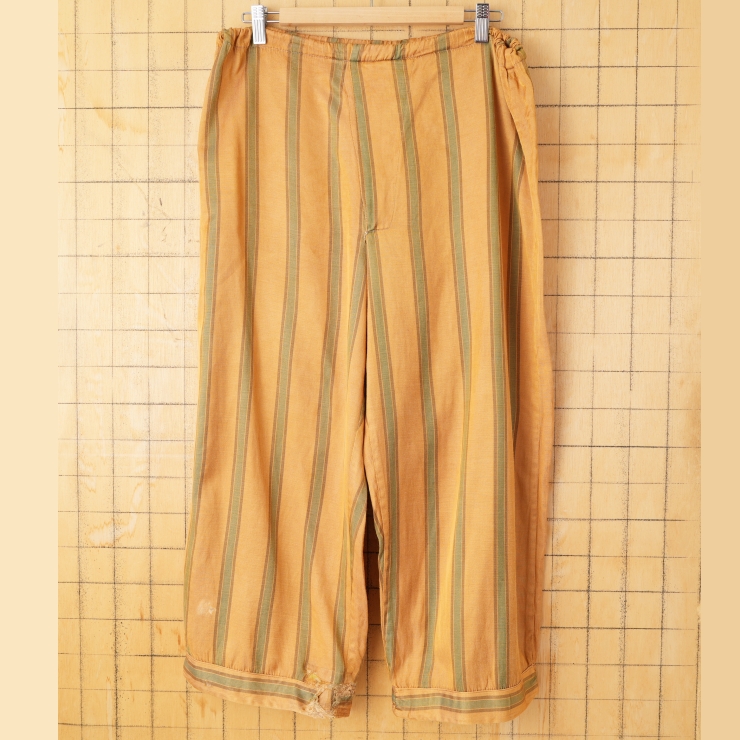 60s 70s EURO サテン ストライプパジャマパンツ W36相当 ライトブラウン グリーン ユーロ ヨーロッパ古着