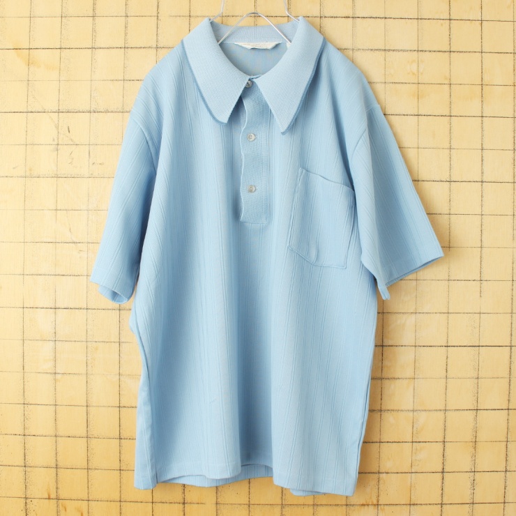 70s 80s USA JCPenney ポリニット ポロシャツ メンズL ライトブルー 半袖 アメリカ古着