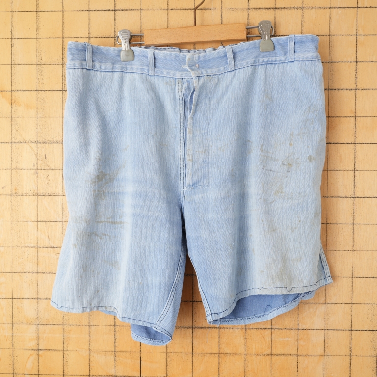 70s 80s EURO コットンヘリンボーンツイル ワークペインターショートパンツ 短パン ハーフ W38相当 ライトブルー ユーロ ヨーロッパ古着