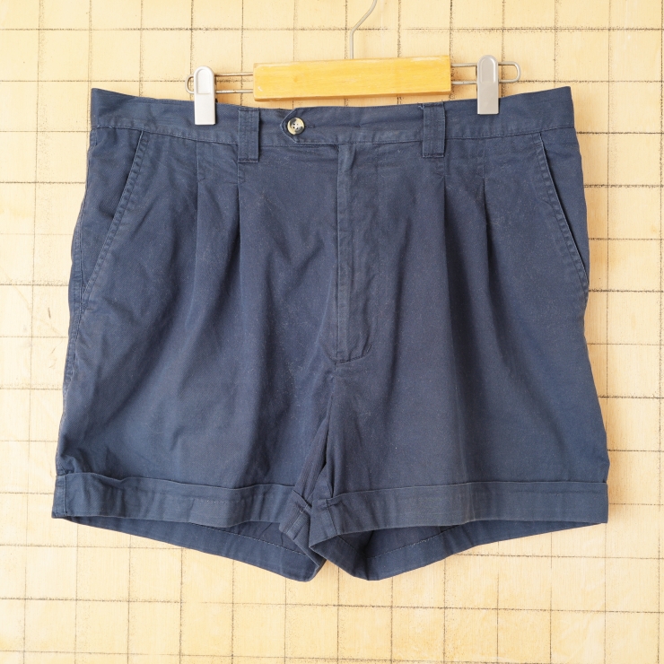 90s 00s EURO 2タックショートパンツ 短パン ハーフ ショーツ W36相当 ネイビーブルー ユーロ ヨーロッパ古着