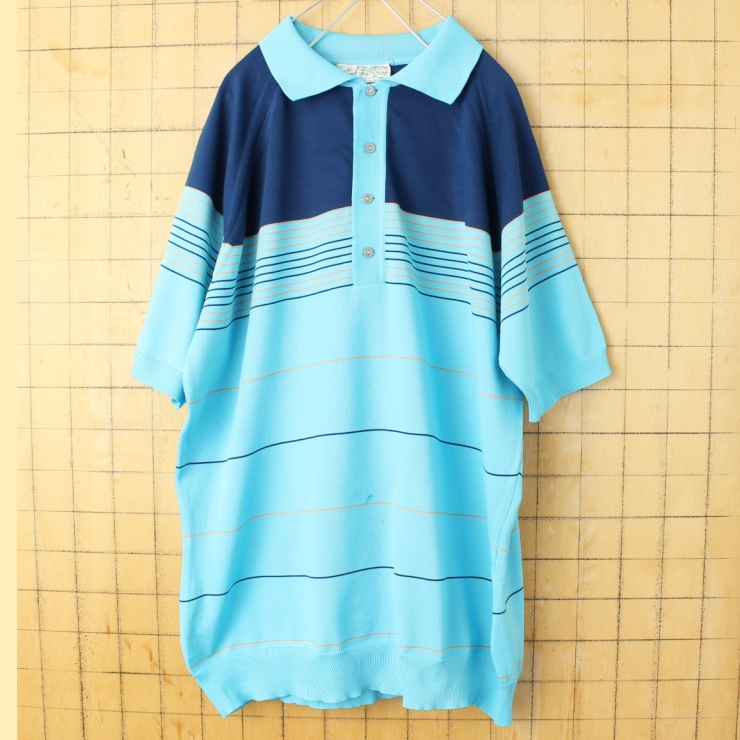 70s 80s USA Kmart ポリニット ポロシャツ メンズXL ライトブルー 半袖 アメリカ古着