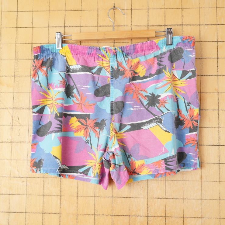 80s 90s EURO CLUBT 総柄サーフコットンショーツ ショートパンツ 短パン ハーフ メンズXL相当 ブルー パープル ユーロ ヨーロッパ古着