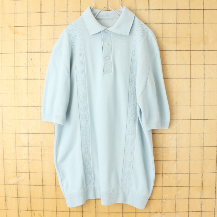 60s 70s USA Ban-Lon バンロン ポロシャツ メンズM ライトブルー 半袖 ナイロン アメリカ古着 050725ss158