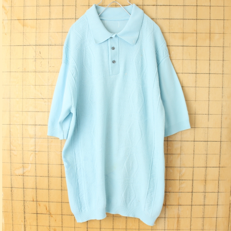 60s 70s USA Ban-Lon バンロン ポロシャツ メンズL ライトブルー 半袖 ナイロン アメリカ古着 050725ss159