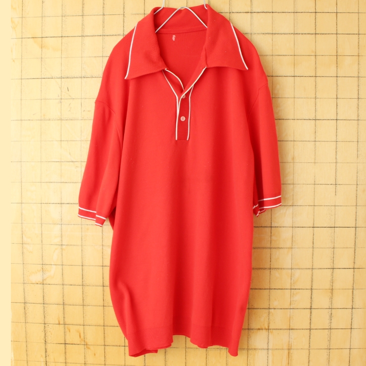 60s 70s USA Ban-Lon バンロン ポロシャツ メンズL相当 レッド 半袖 ナイロン アメリカ古着 050725ss162