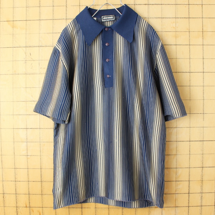 70s 80s USA silverwoods ポリニット ストライプ ポロシャツ メンズM ネイビー ブルー 半袖 アメリカ古着